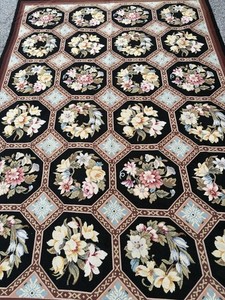 9x 6 French Needlepoint area rug Black Brown Blue Pink Green Gold wool