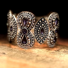 Purple Rhinestone Stretch Bracelet Silver Tone Teardrop Boho Statement