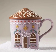 NWT Anthropologie Gingerbread Ginger Mug Christmas House Lid Holiday Cup Purple