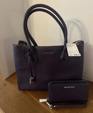 Michael Kors LG MERCER Converible Leather Tote Purple NWT With Wristlet Wallet