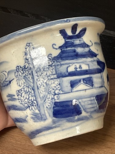 Oriental Blue White Planter, China Chinese Hand Painted Figures Pagoda Plant Pot - Picture 18 of 18