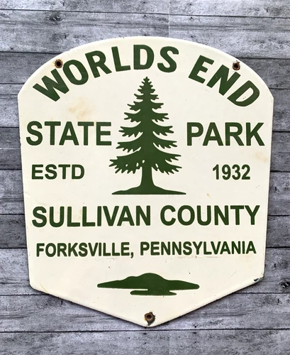 VINTAGE 10x9" WORLDS END STATE PARK PORCELAIN GASOLINE OIL PUMP STATION GAS SIGN