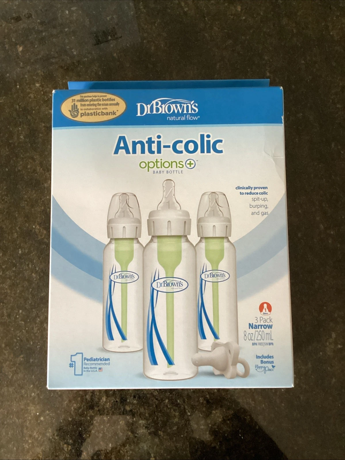 Dr. Brown's 8 oz Options +Anti-colic Narrow Bottles, 3-Pack + Happy Paci