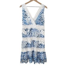 Tahari Lace Embroidered Dress Blue White Sleeveless Fully Eyelet Size L