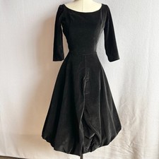 Vintage 1950s 1960s Black Velveteen Fit & Flare Bubble Skirt Dress XS