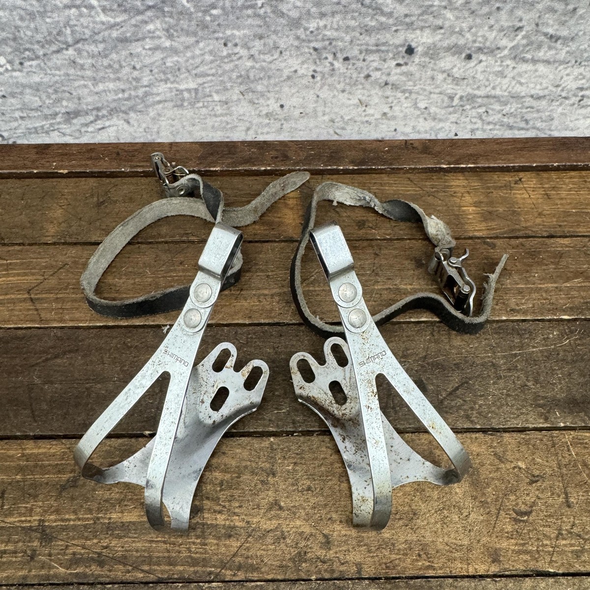 Vintage Shimnano Toe Clips 3 Hole Pedal Leather Straps Dura Ace