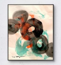 Mary Myers Original Círculos Abstractos Verde azulado Negro Naranja Moderno Dolor Expresionista