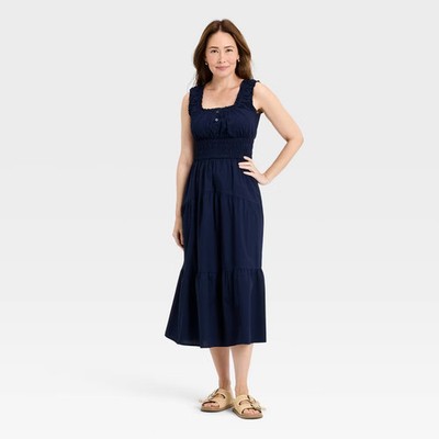 Women's Sleeveless Button-Front Smocked Maxi Empire Waist Dress - Universal