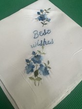 Vintage Blue Embroidery Best Wishes Hankie Flowers 10  VGC   
