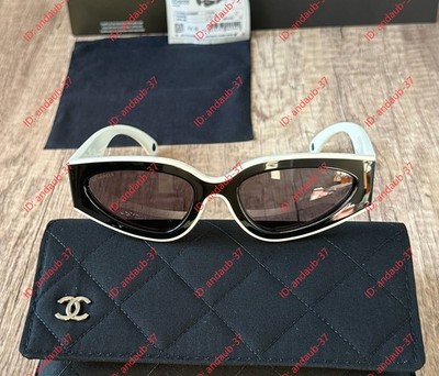 CHANEL SUNGLASSES BLACK WHITE FRAME 100% AUTHENTIC CLASSIC 6056 CAT EYE BLACK