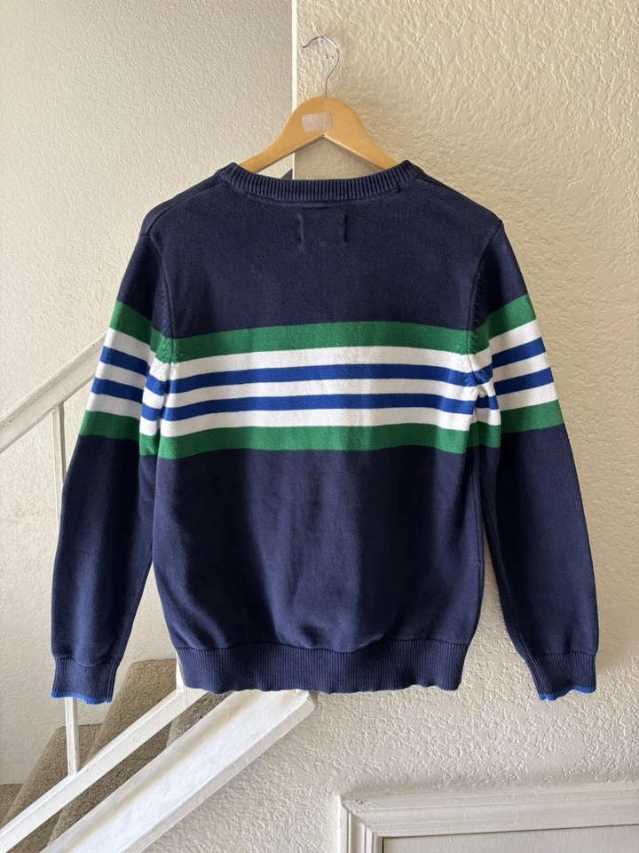 Suéter tejido cuello redondo Stafford Prep para hombre mediano 100 % algodón a rayas azul verde Foto 2 de 4