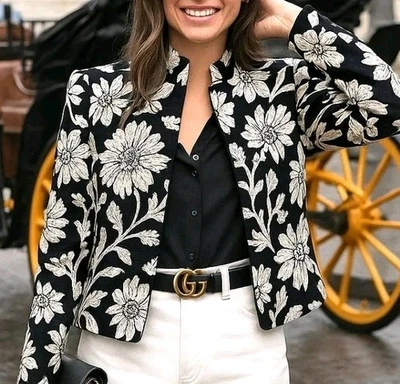 Zara Black & Ecru Floral Jacquard Cotton Mix Cropped Blazer Size L - Image 1 of 4