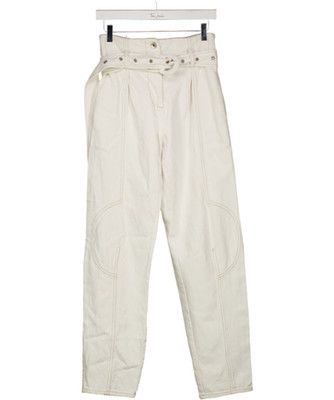 Low Classic White High Waisted Contrast Stitch Belted Jeans UK M