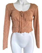 Sheer Long Sleeve Eyelet Babydoll Crop Shirt Size L Brown Kirious Bust Tie Lined