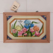 Vintage Iris Stained Glass Window Hanging Suncatcher Panel Wooden Frame