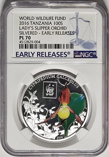 2016 Silver Plated Tanzania 100s Colorized Lady Slipper Oorchid NGC PL70 Coin