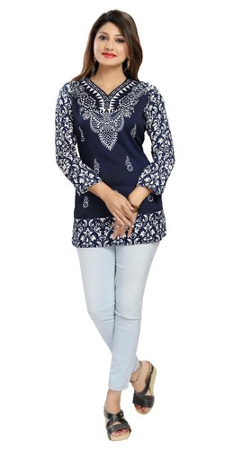 Top Ethnic Pakistani Designer Top 3/4 Sleeves Printed Kurti Women MI518 BLUE - Picture 3 of 7
