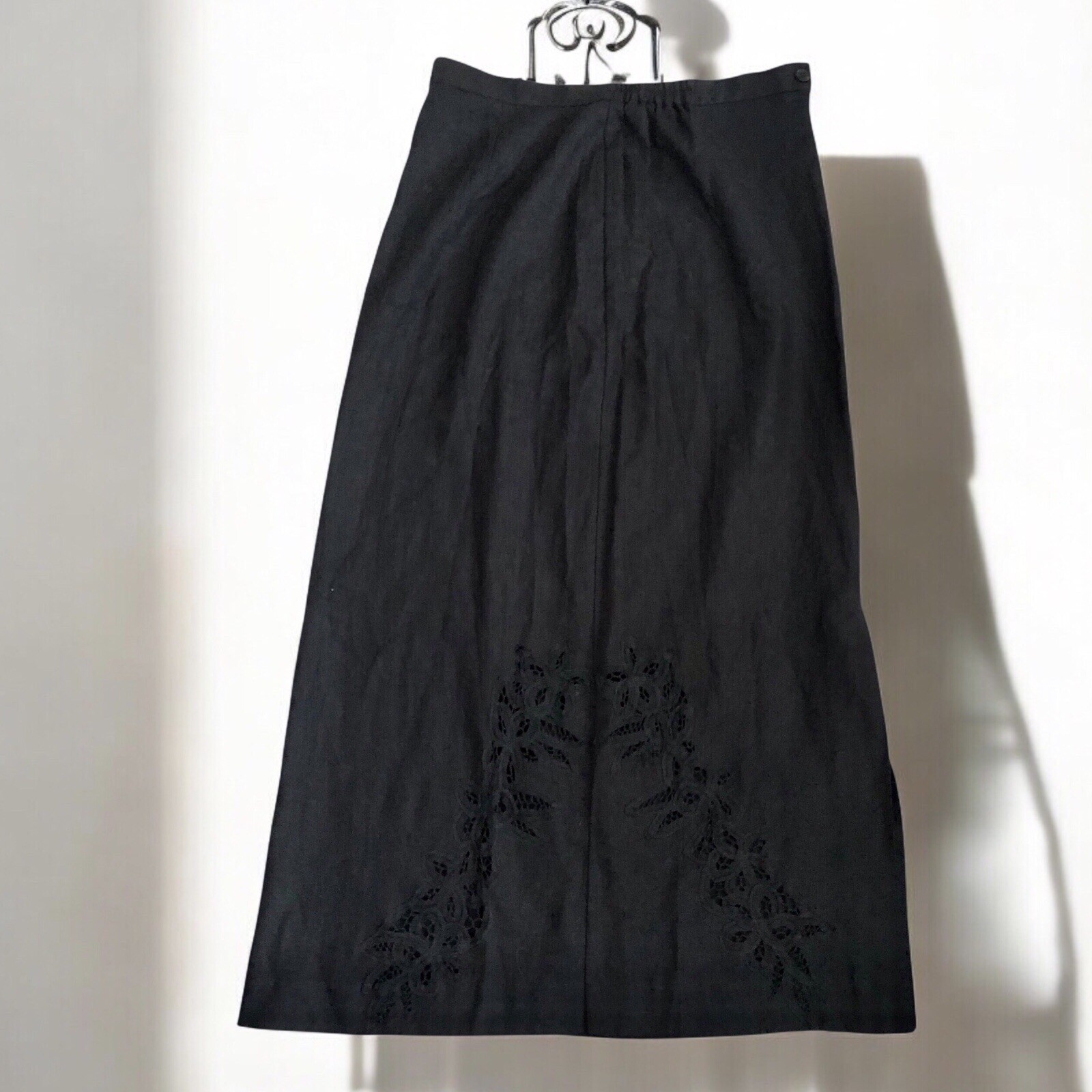 Vintage Black Linen Maxi Skirt with Lace Cutwork and Side Slit Size Medium-image