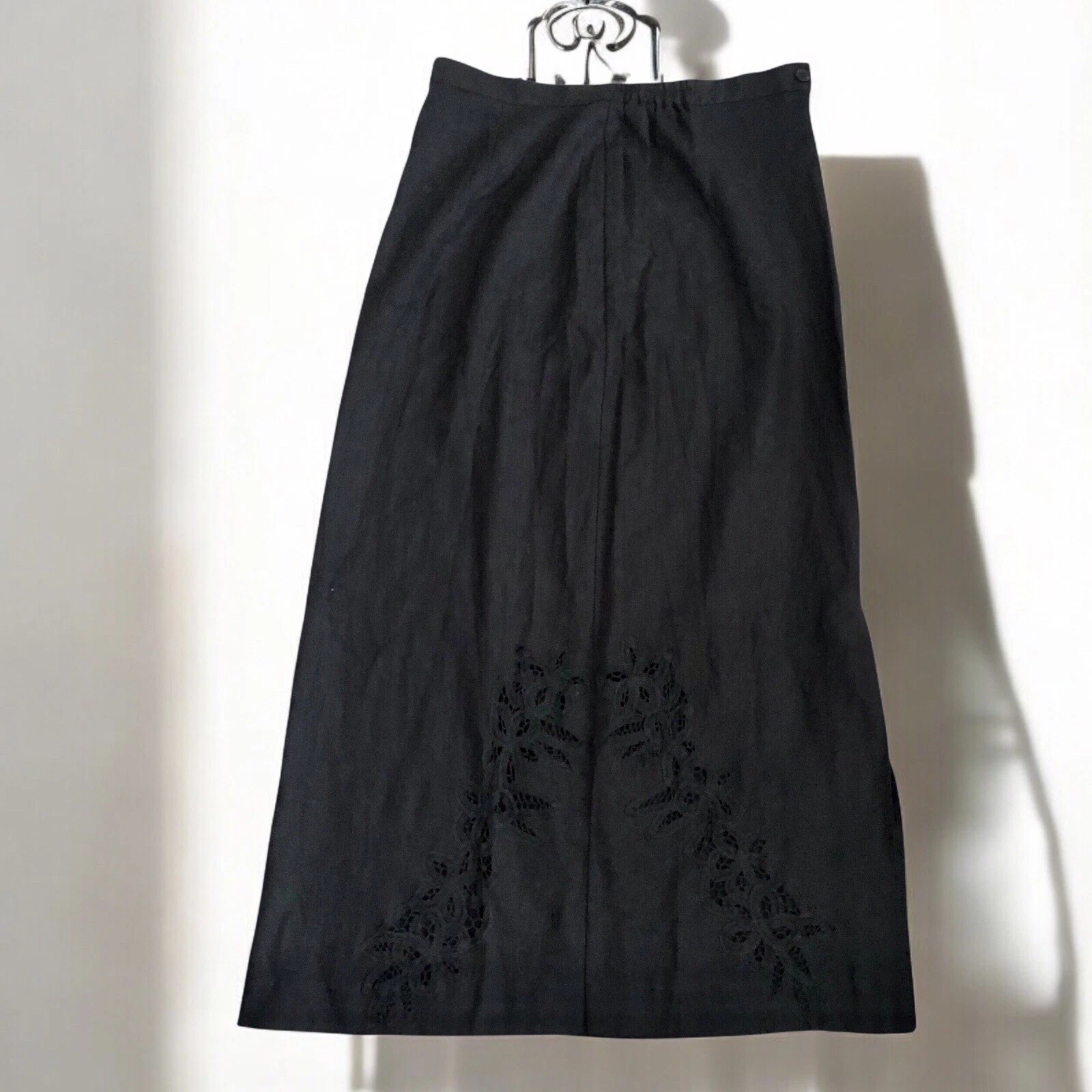 Vintage Maxi Skirt Womens Size Medium Black Linen Blend Lace Cutwork Side Slit