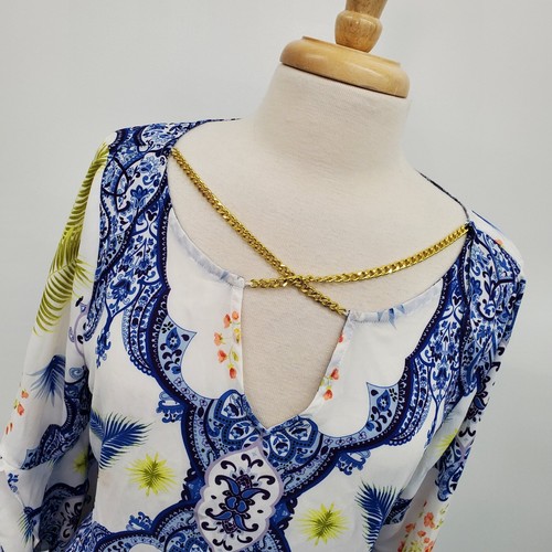 Bold Elements Womens Floral Bell Sleeve Blouse Top Size L Blue Keyhole Neck Boho - Picture 5 of 14