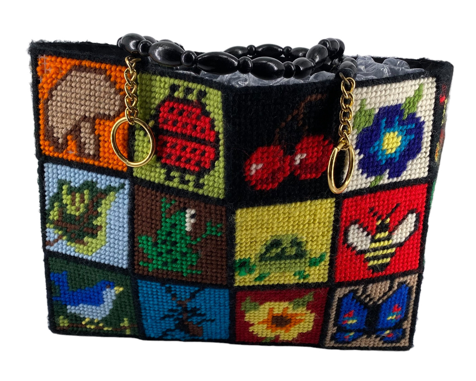 Vtg 70s Needlepoint Patchwork Tote Granny Bag Cro… - image 3