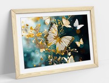 GOLD AND WHITE BUTTERFLY CLOSEUP-FRAMED WALL ART PAPER PRINT POSTER