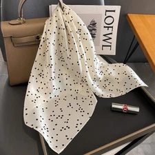 100% Mulberry Silk 27" Square Scarf Women Neckerchief Wrap White Black Polka Dot