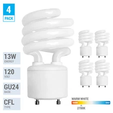 4 Pack Spiral CFL Fluorescent 13 Watt =60W Twist and Lock GU24 2700K Warm White