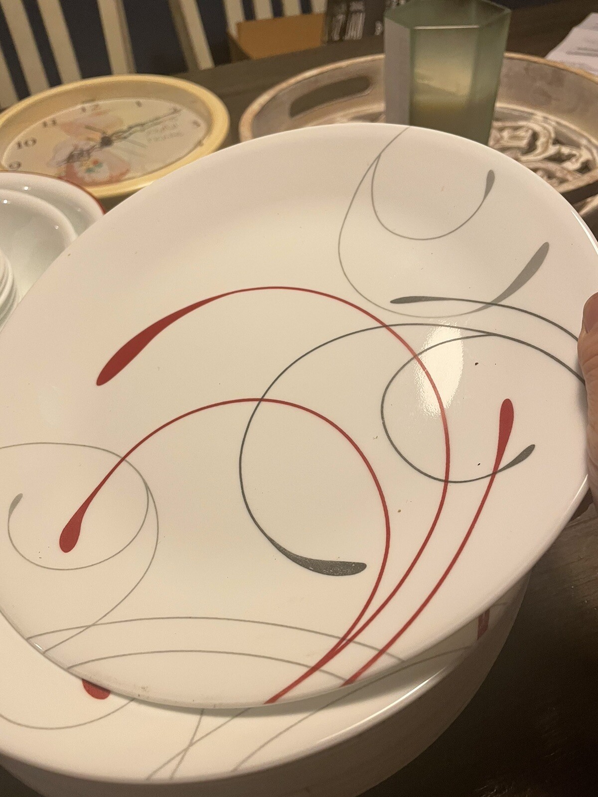 Corelle SPLENDOR Dinner Plates Red Grey Swirls 10 1/4" Of 6 Excellent
