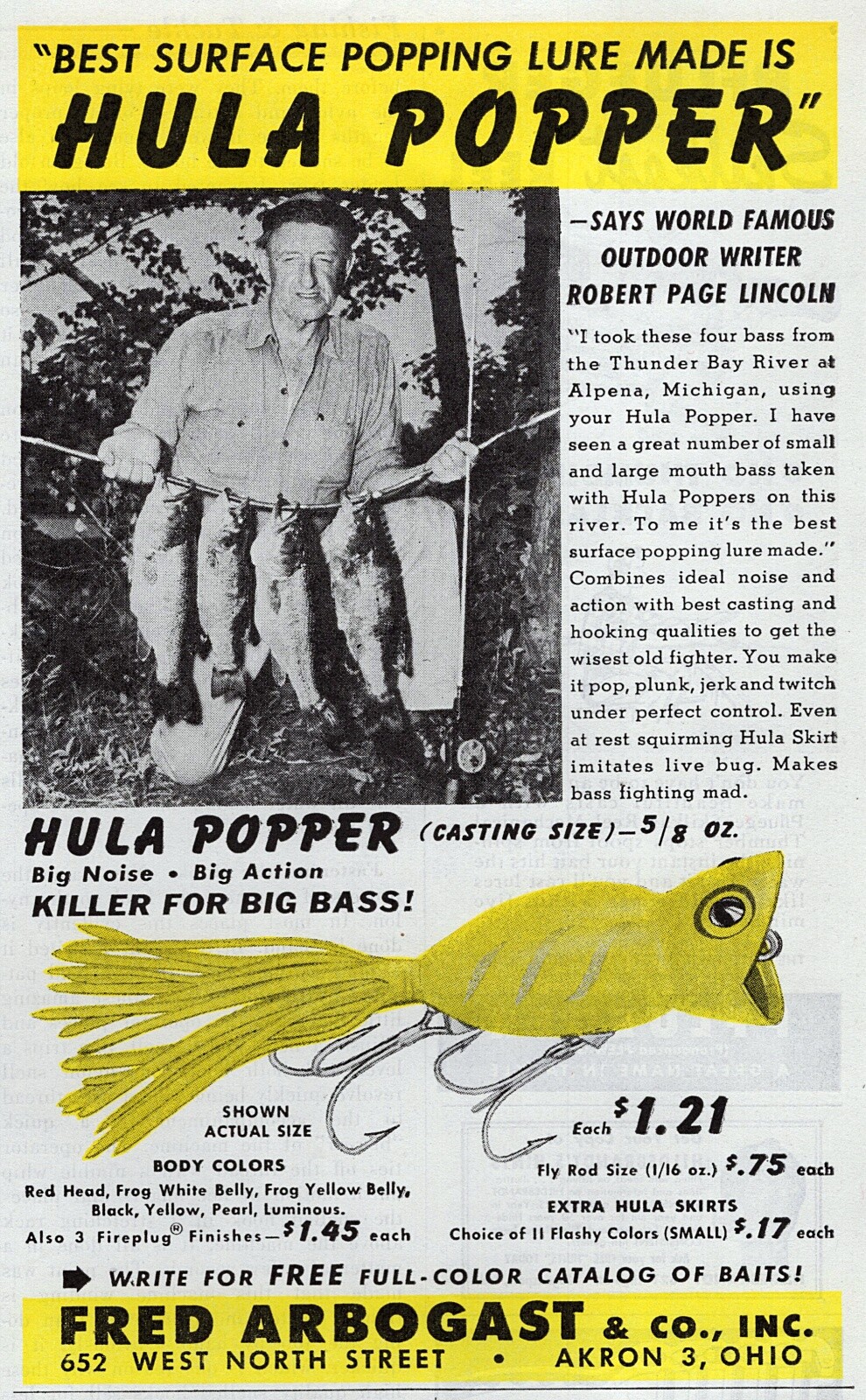 1950 Fred Arbogast Hula Popper Lure Original Print Ad