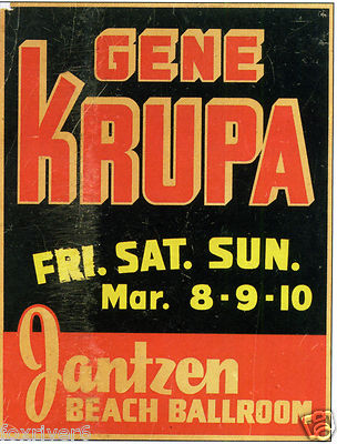 GENE KRUPA Concert Window Poster / Handbill 1940 Jantzen Beach Ballroom reprint