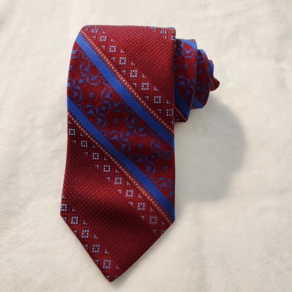 Corbata Robert Graham 100 % seda roja azul real a rayas geométricas vintage Foto 2 de 4