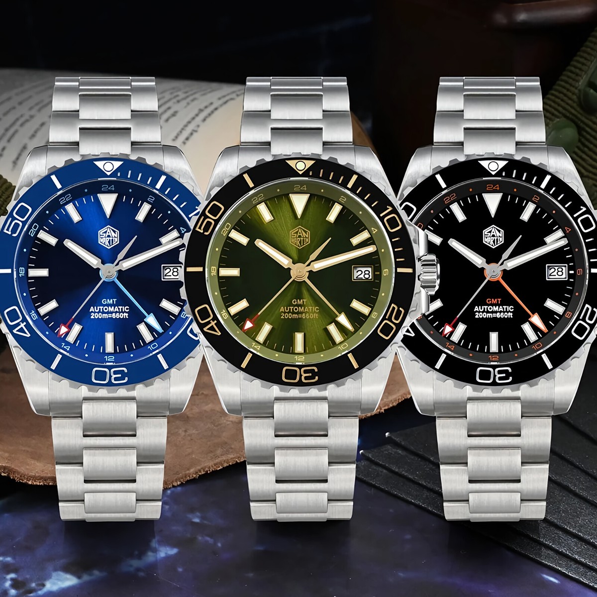 SAN MARTIN SN0136-G GMT Automatic Enamel Dial Stainless Steel 39mm