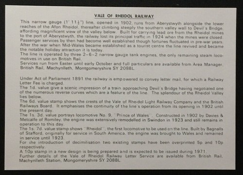 Vale of Rheidol Light Railway 1971 Fdc - Picture 3 of 3
