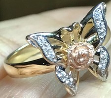 GOLD 14k BuTtErFlY Ring tri yellow Rose White solid cz fine 7 5 6 8 9 3.4g