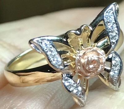 GOLD 14k BuTtErFlY Ring tri gelb rose weiß massiv cz fein 7 5 6 8 9 3,4g 
