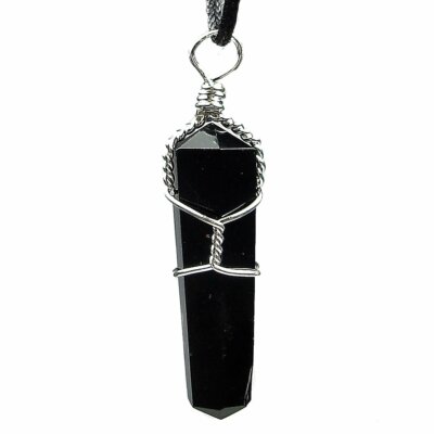 (1) Black Obsidian Wire Wrapped Double Terminated Crystal Wand Pendant w/Card