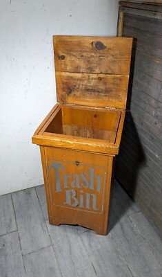 Vintage Rustic Farmhouse Wood Trash Can Bin Storage Box with Lid