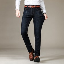 Men Straight Jeans Trousers Stretch Slim-Fit Casual Denim Pants Business Classic