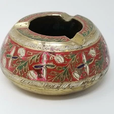 Ashtray Middle Eastern Red Black White Nature Engraved Brass Table Vintage