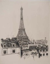 René DUREY : Vue sur la Tour Eiffel, Gravure originale signée