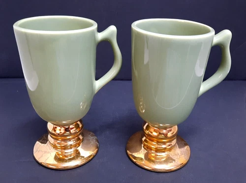 Pair Vintage HALL 1273 Irish Coffe MugsCeramic Green w/Gold Pedestal 6" T