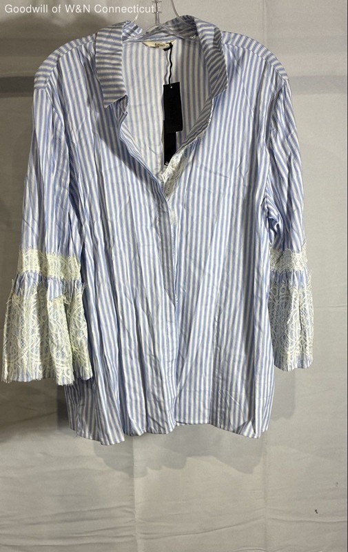 Buffalo David Bitton Women's Blue White Striped Lace Blouse Cute Spell XL NWT