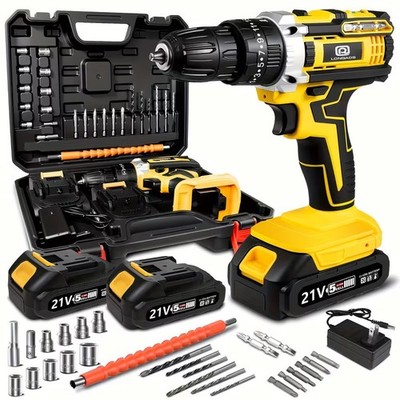 21V Cordless Hammer Drill Set Electric Impact Driver Screwdriver & 1/2 Battery