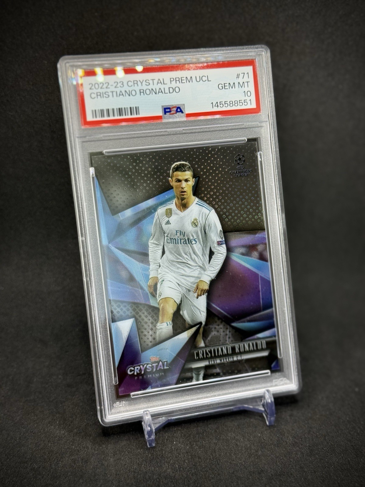 Cristiano Ronaldo 2022-23 Topps Crystal Premium UEFA UCL PSA 10 Real Madrid view 2