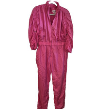 Vintage 80s Abraxas Women's Nylon Parachute Jumpsuit Retro Pink S Puff Sleeve