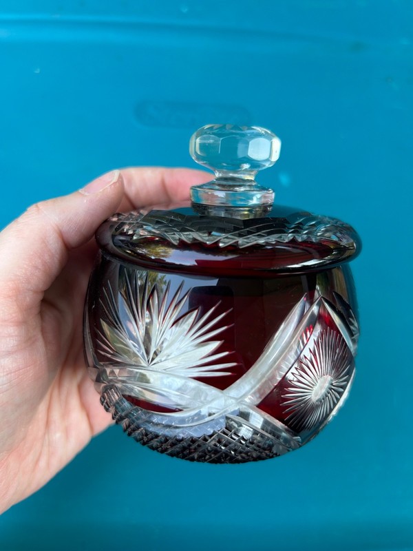 Vintage Czech Ruby Red Cut to Clear Crystal Lidded Candy Dish