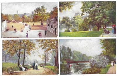4 von Tuck's Künstler gezeichnete Postkarten von St James Park London Hängebrücke etc.