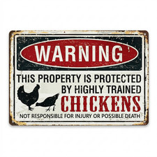 Funny Chicken Coop Warning Sign Metal Farm Decor Protected by Chickens