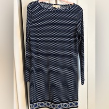 Michael Kors Black, Blue & White Dot Print Long Sleeve Dress – Size Medium